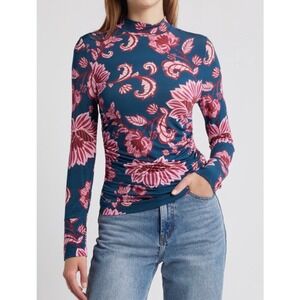 NWT Farm Rio Flower Delicacy Dark Blue Floral Jersey Top Small Ruched Tropical